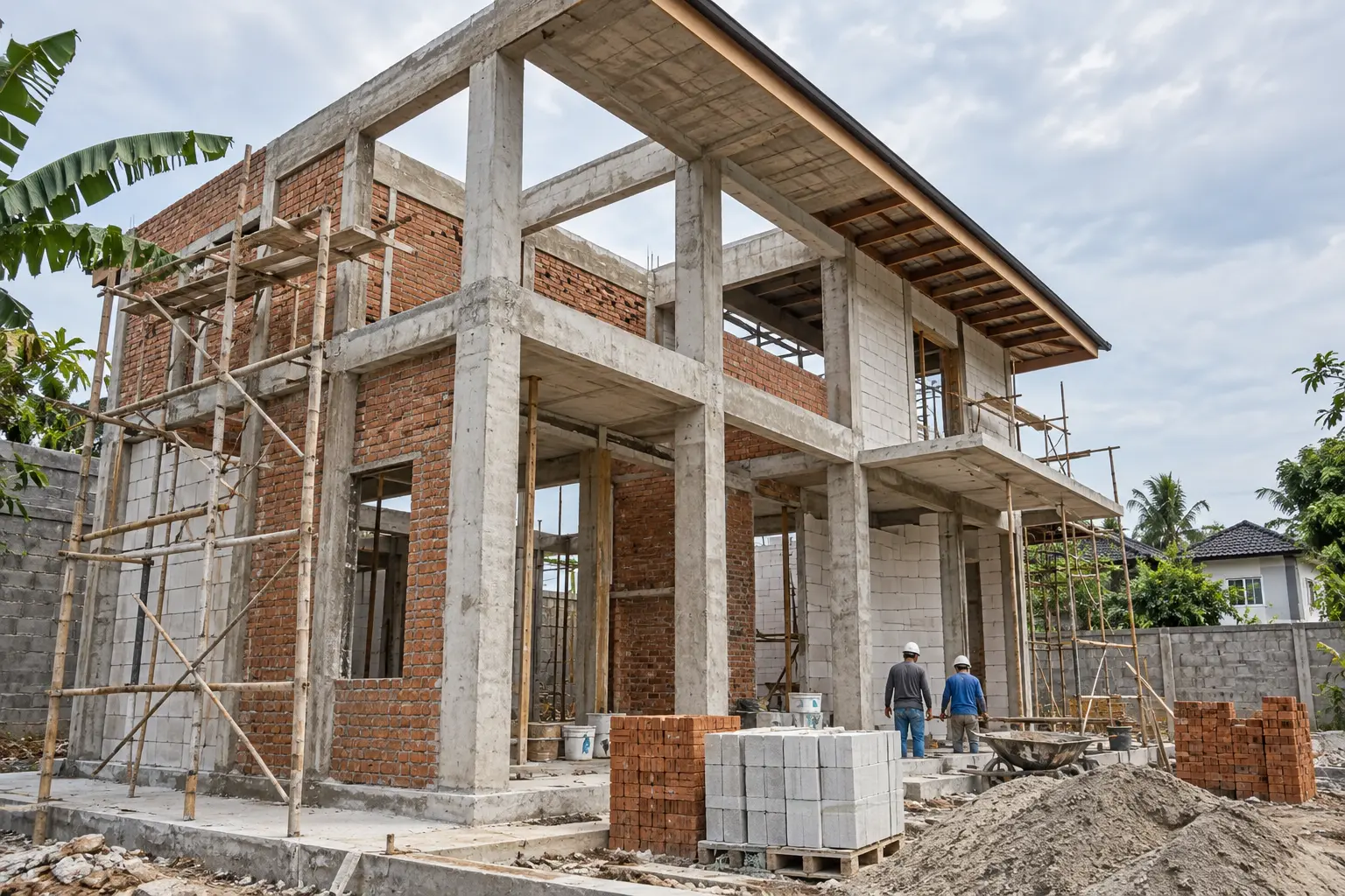 Pekerjaan rangka struktur dan pasangan dinding rumah modern tropis