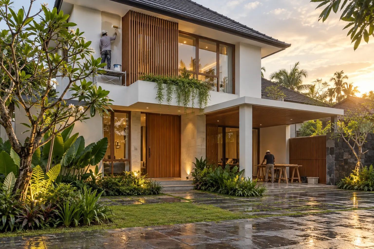 Tahap finishing rumah modern tropis yang hampir selesai