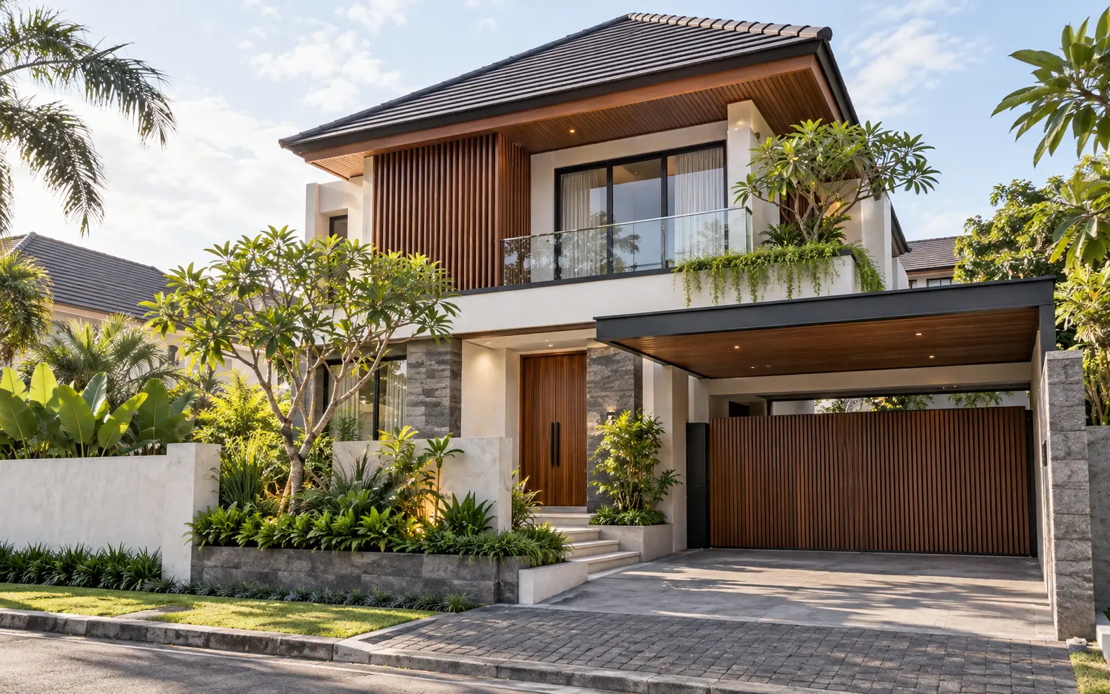 Ilustrasi konsep bangun rumah baru bergaya modern tropis