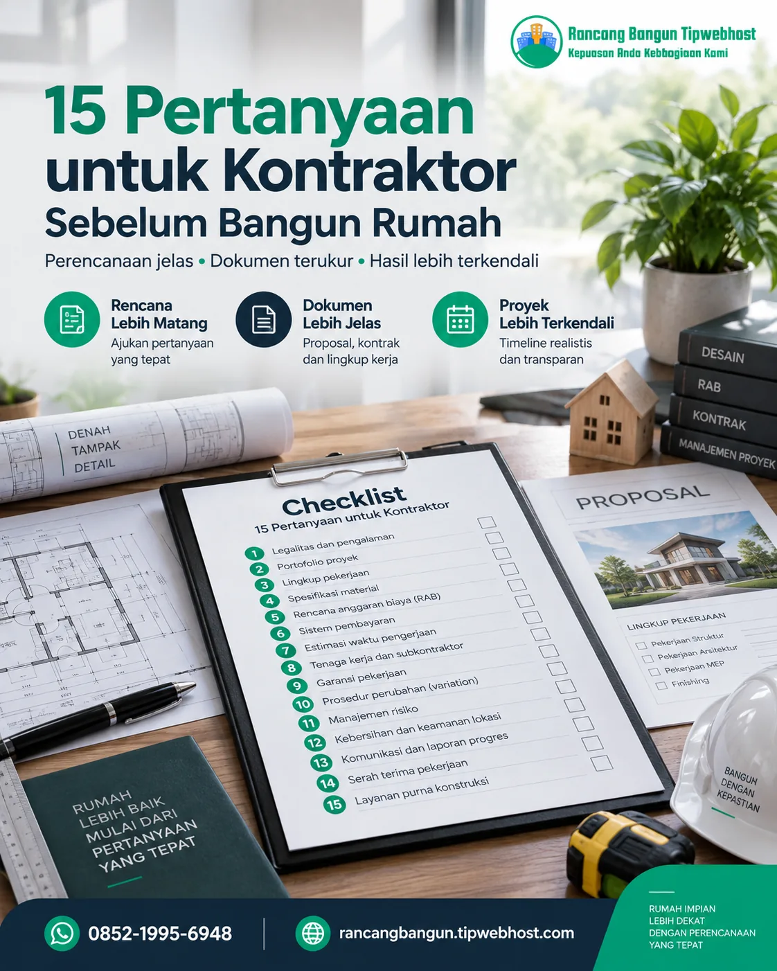 Visual 15 pertanyaan untuk kontraktor dengan dokumen perencanaan, gambar kerja, dan elemen proyek Rancang Bangun Tipwebhost