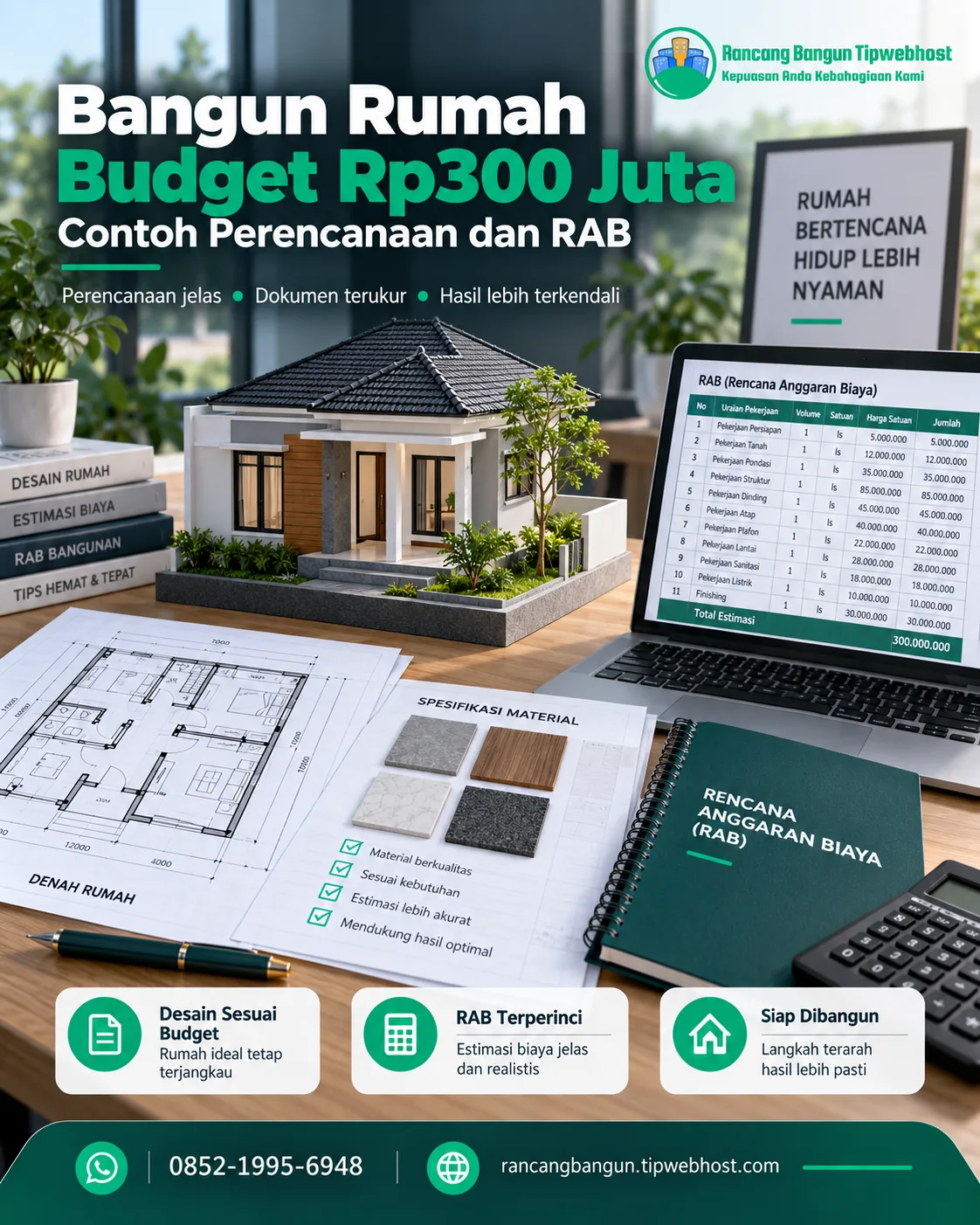 Visual bangun rumah budget rp100 juta dengan dokumen perencanaan, gambar kerja, dan elemen proyek Rancang Bangun Tipwebhost