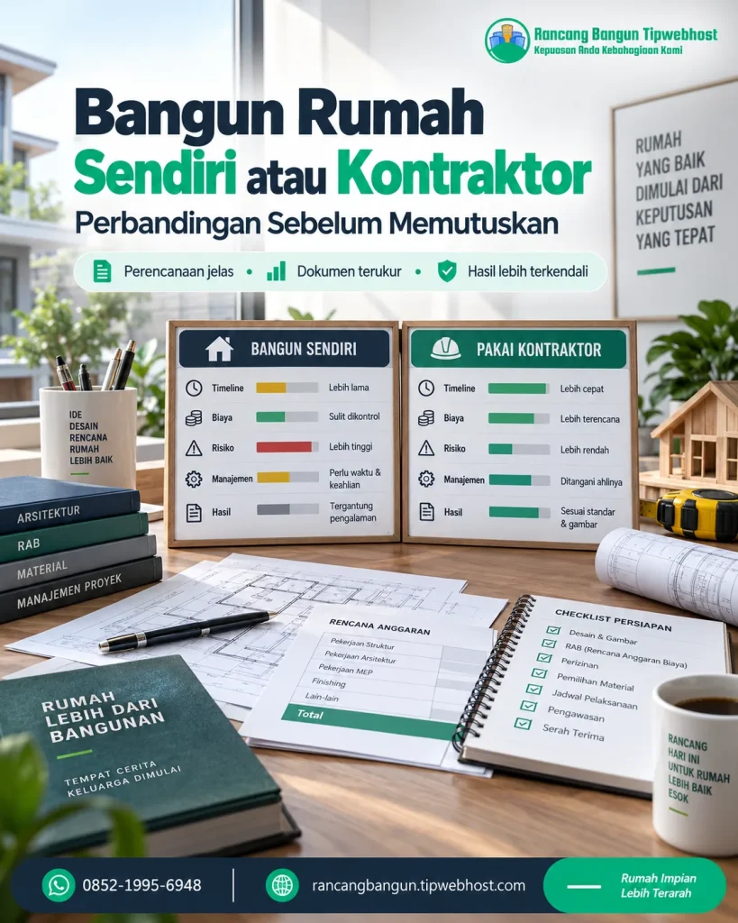 Visual bangun rumah sendiri atau kontraktor dengan dokumen perencanaan, gambar kerja, dan elemen proyek Rancang Bangun Tipwebhost
