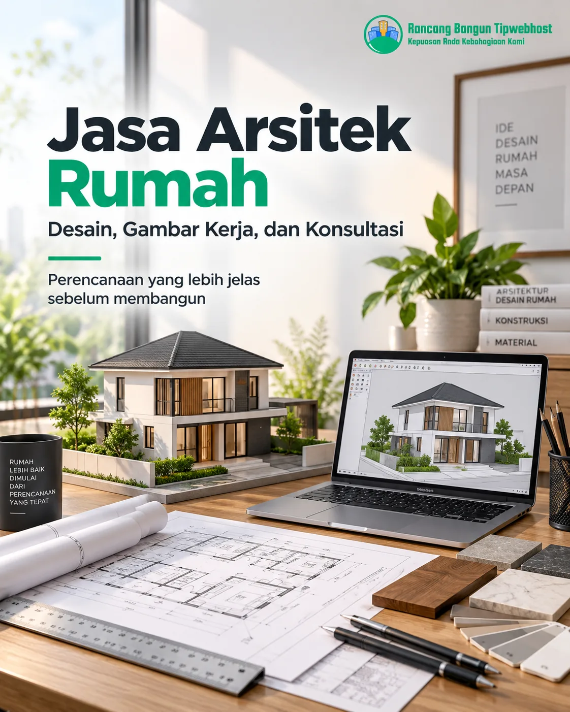 Visual biaya jasa arsitek rumah dengan dokumen perencanaan, gambar kerja, dan elemen proyek Rancang Bangun Tipwebhost