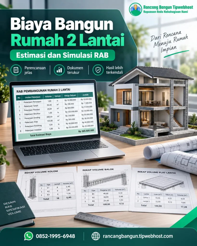 Visual biaya bangun rumah 2 lantai dengan dokumen perencanaan, gambar kerja, dan elemen proyek Rancang Bangun Tipwebhost
