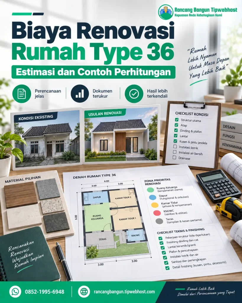 Visual biaya renovasi atap rumah dengan dokumen perencanaan, gambar kerja, dan elemen proyek Rancang Bangun Tipwebhost