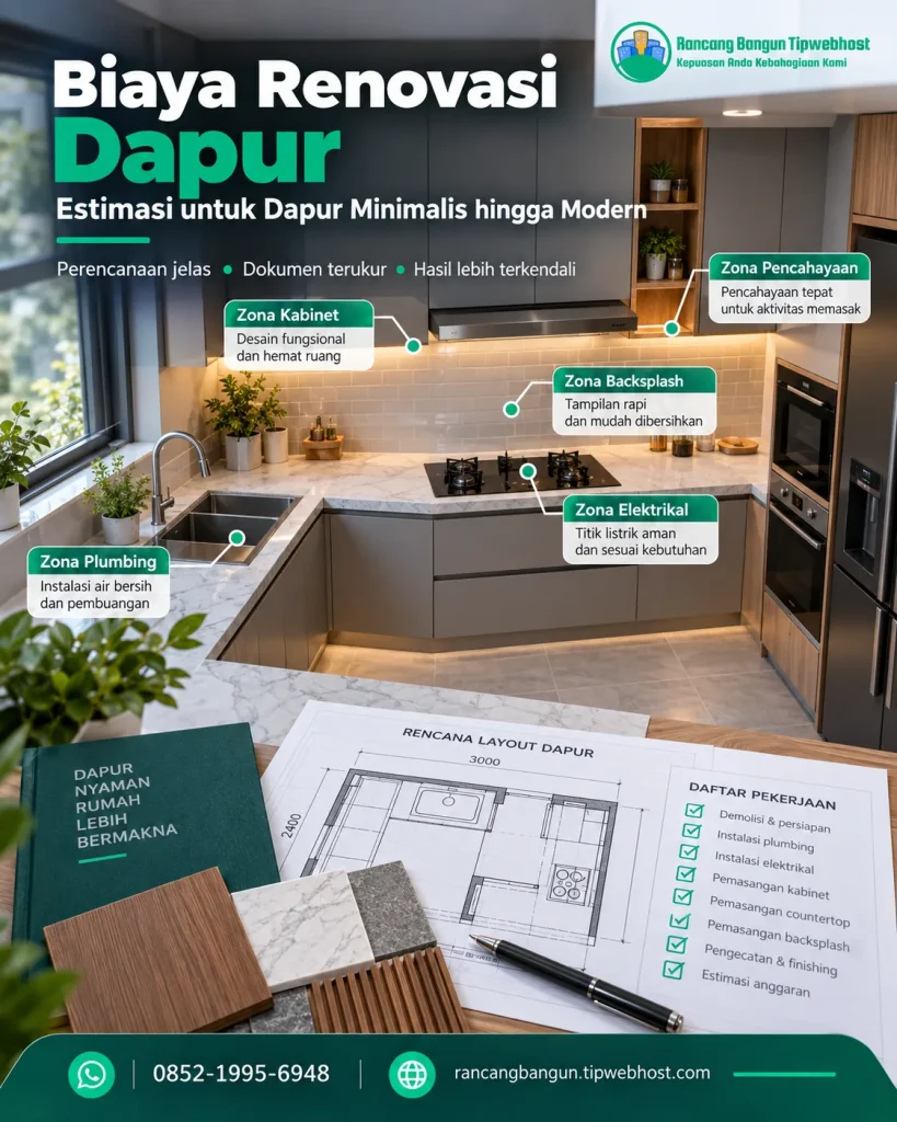 Visual biaya renovasi dapur dengan dokumen perencanaan, gambar kerja, dan elemen proyek Rancang Bangun Tipwebhost