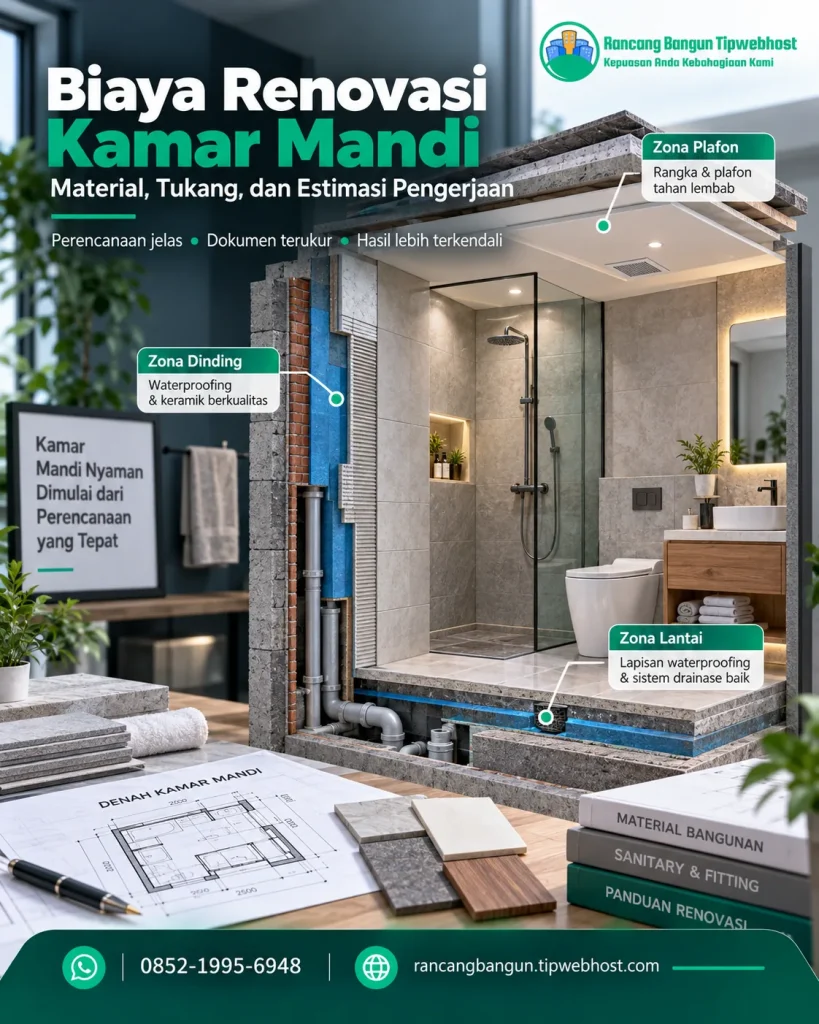 Visual biaya renovasi kamar mandi dengan dokumen perencanaan, gambar kerja, dan elemen proyek Rancang Bangun Tipwebhost