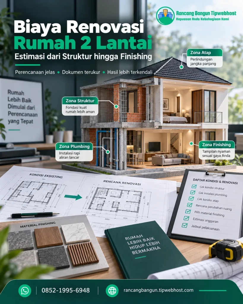 Visual biaya renovasi rumah 2 lantai dengan dokumen perencanaan, gambar kerja, dan elemen proyek Rancang Bangun Tipwebhost