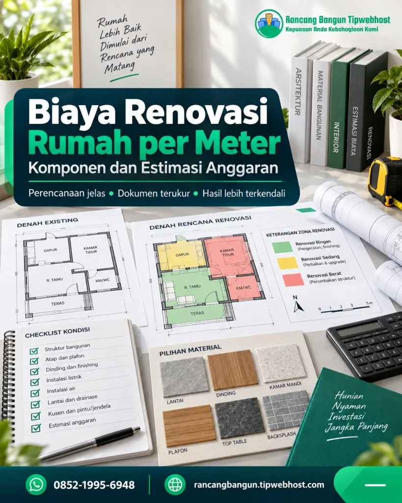 Visual biaya renovasi rumah per meter dengan dokumen perencanaan, gambar kerja, dan elemen proyek Rancang Bangun Tipwebhost