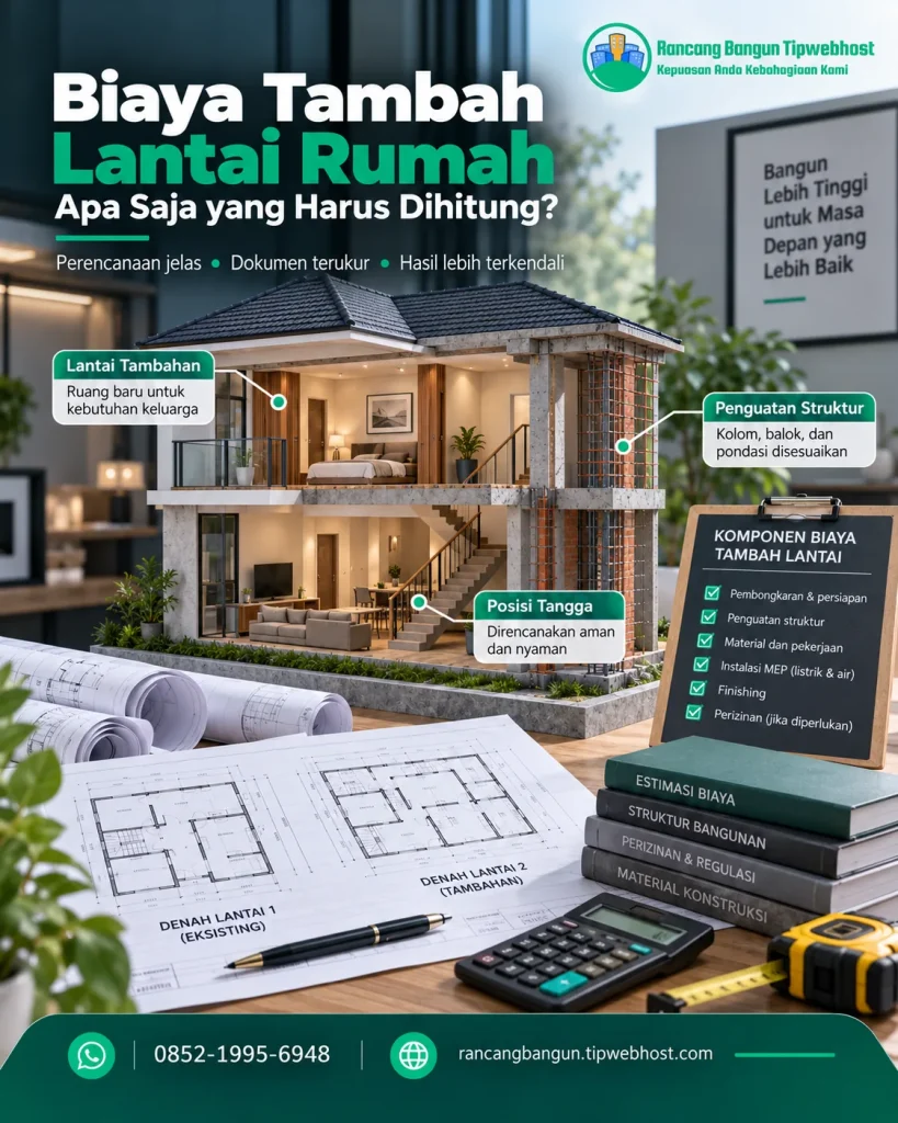 Visual biaya tambah lantai rumah dengan dokumen perencanaan, gambar kerja, dan elemen proyek Rancang Bangun Tipwebhost