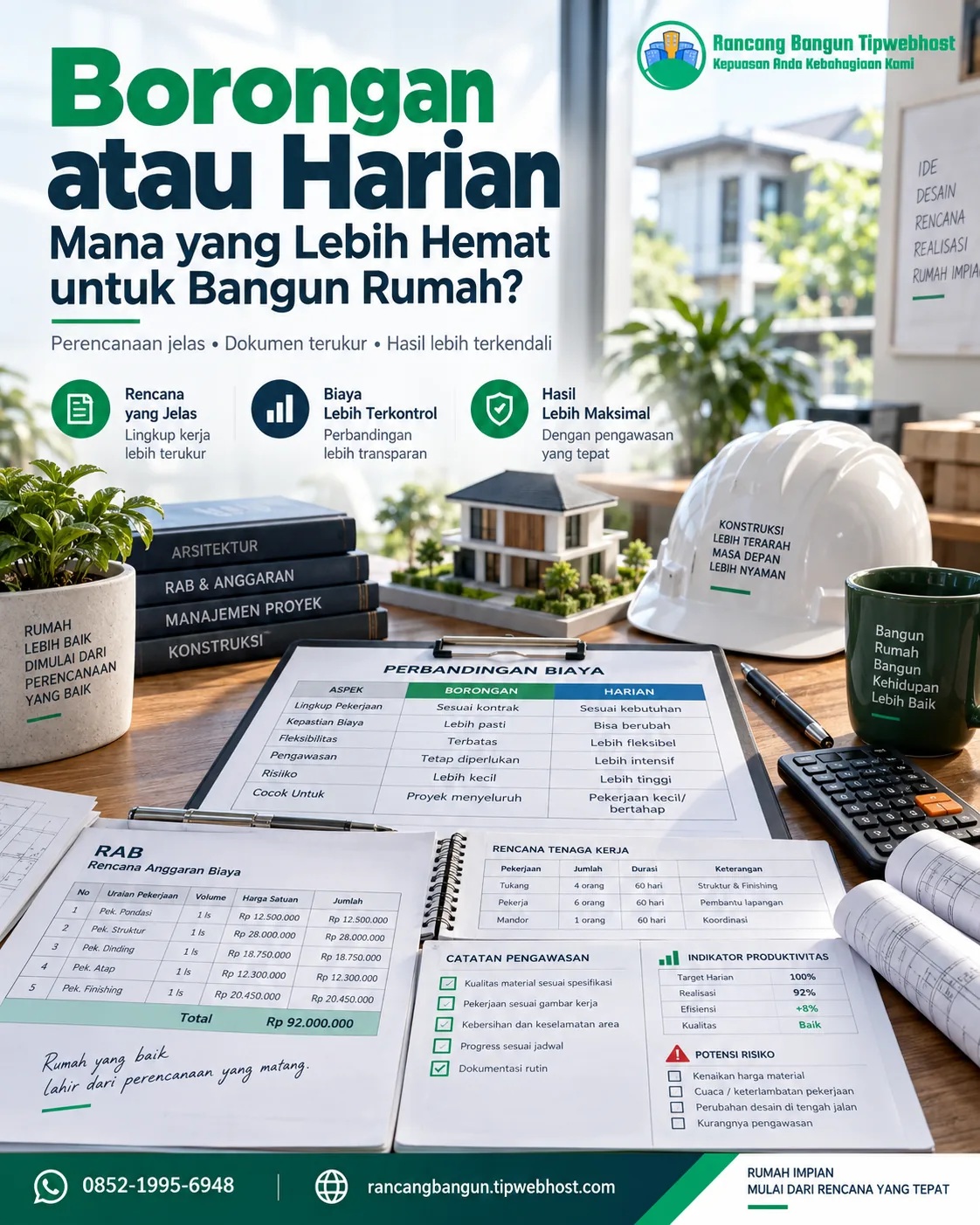 Visual borongan atau harian dengan dokumen perencanaan, gambar kerja, dan elemen proyek Rancang Bangun Tipwebhost