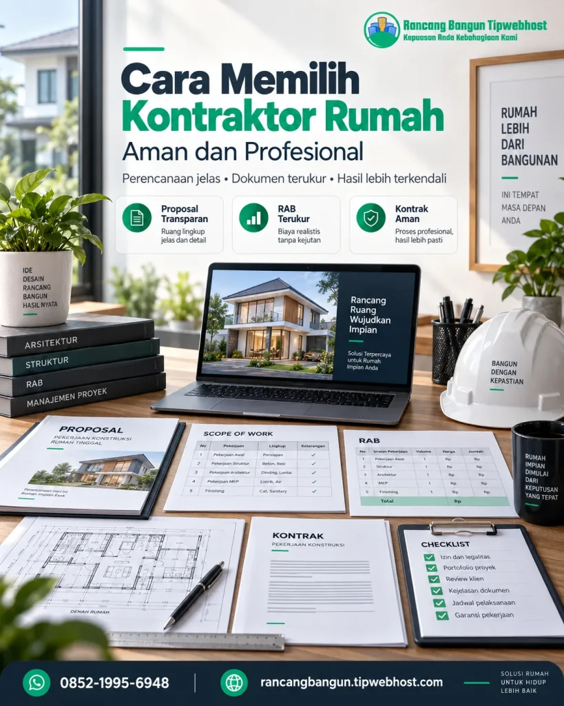 Visual cara memilih kontraktor rumah dengan dokumen perencanaan, gambar kerja, dan elemen proyek Rancang Bangun Tipwebhost