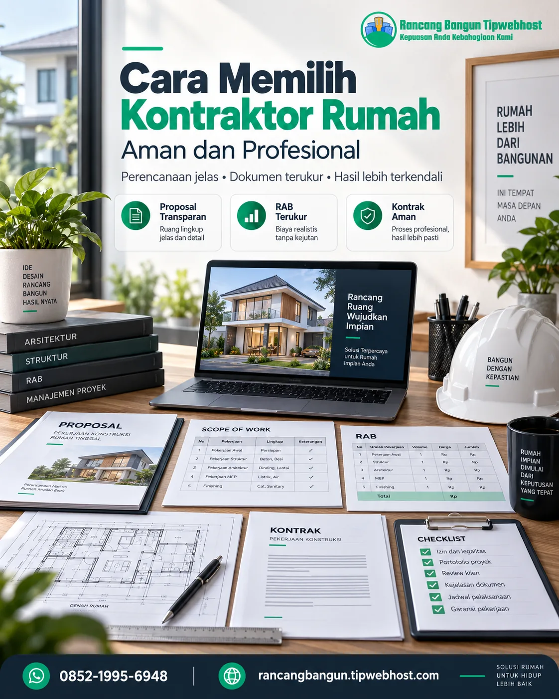 Visual cara memilih kontraktor rumah dengan dokumen perencanaan, gambar kerja, dan elemen proyek Rancang Bangun Tipwebhost