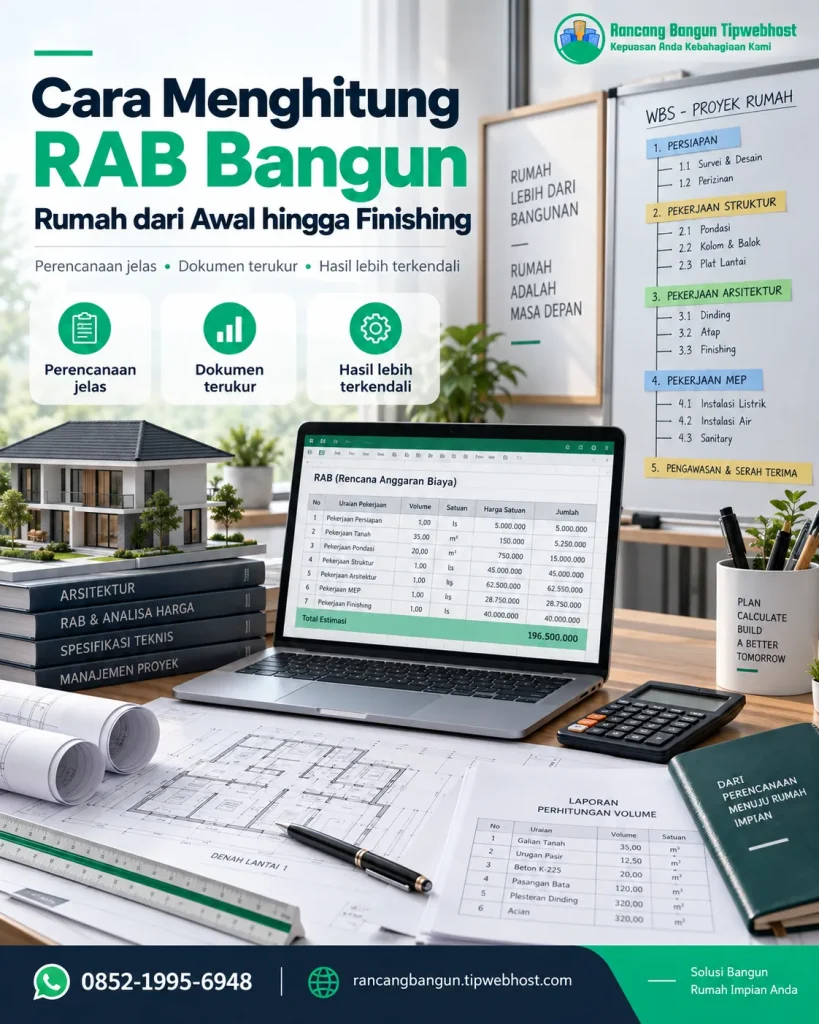 Visual cara menghitung rab bangun dengan dokumen perencanaan, gambar kerja, dan elemen proyek Rancang Bangun Tipwebhost