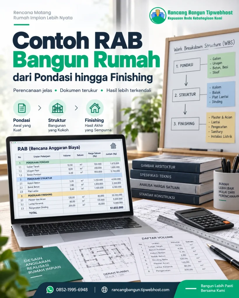 Visual contoh rab bangun rumah dengan dokumen perencanaan, gambar kerja, dan elemen proyek Rancang Bangun Tipwebhost