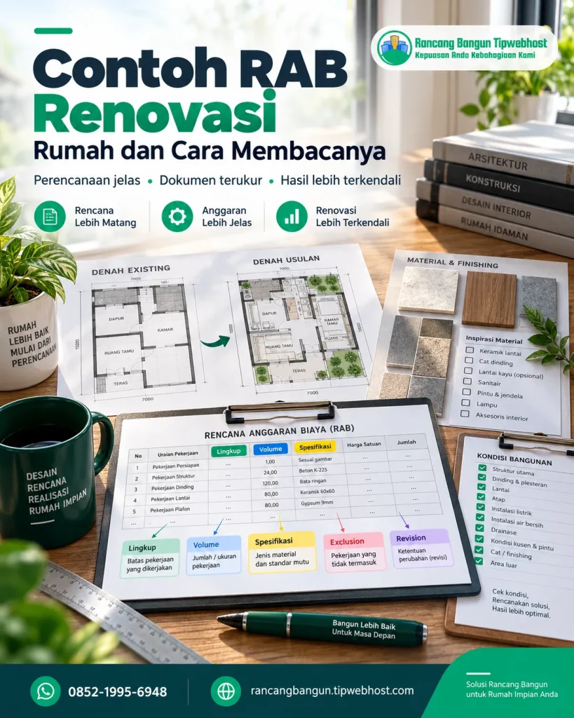 Visual contoh rab renovasi dengan dokumen perencanaan, gambar kerja, dan elemen proyek Rancang Bangun Tipwebhost