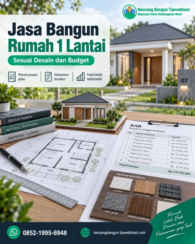 Visual jasa bangun rumah 1 lantai dengan dokumen perencanaan, gambar kerja, dan elemen proyek Rancang Bangun Tipwebhost