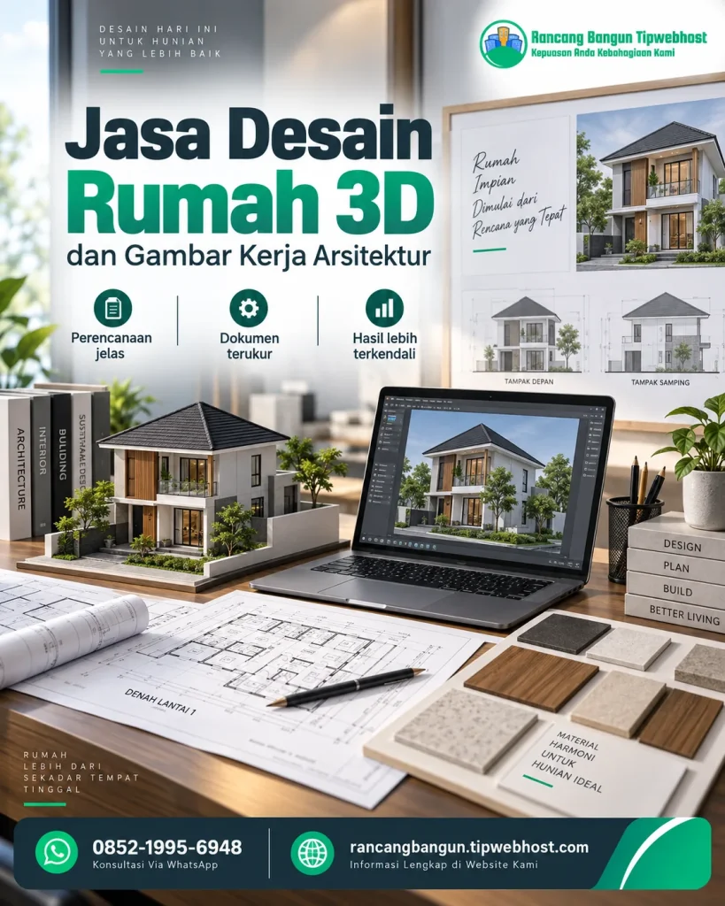 Visual jasa desain rumah 3d dengan dokumen perencanaan, gambar kerja, dan elemen proyek Rancang Bangun Tipwebhost