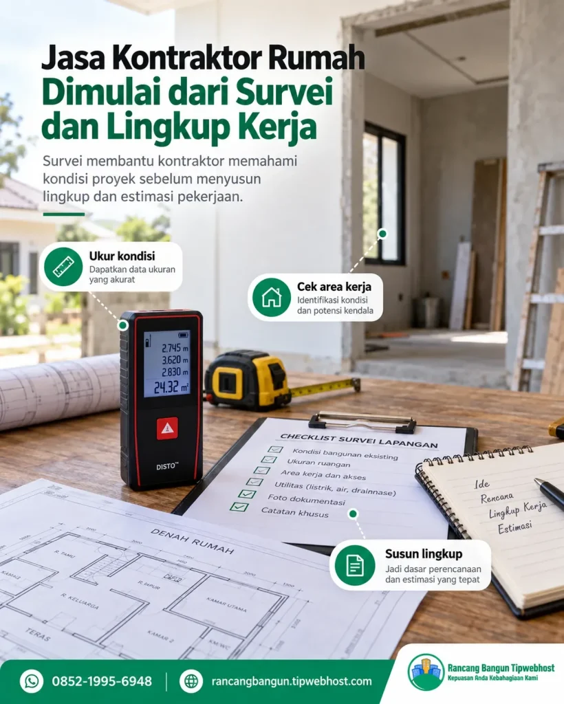 Kontraktor rumah mengoordinasikan pekerjaan bangun dan renovasi secara profesional di lapangan