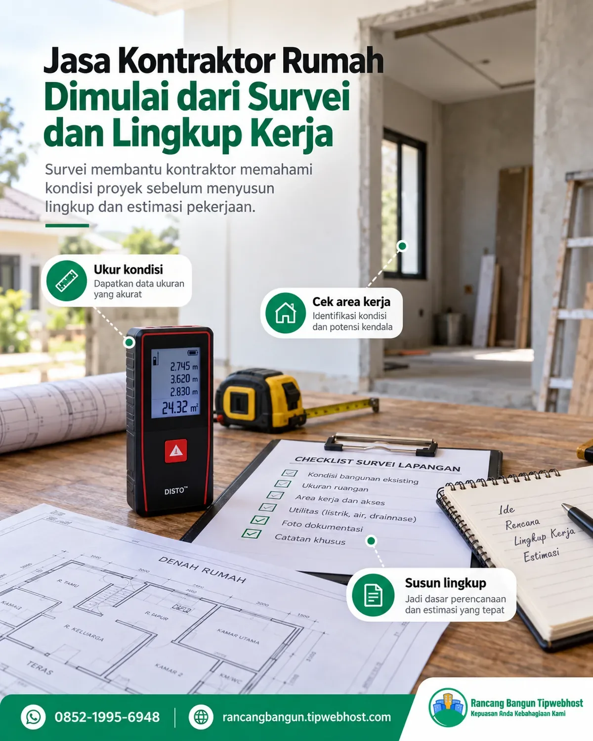 Kontraktor rumah mengoordinasikan pekerjaan bangun dan renovasi secara profesional di lapangan