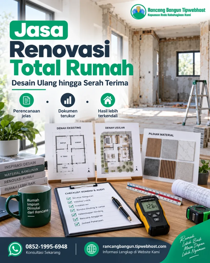Visual jasa renovasi total rumah dengan dokumen perencanaan, gambar kerja, dan elemen proyek Rancang Bangun Tipwebhost
