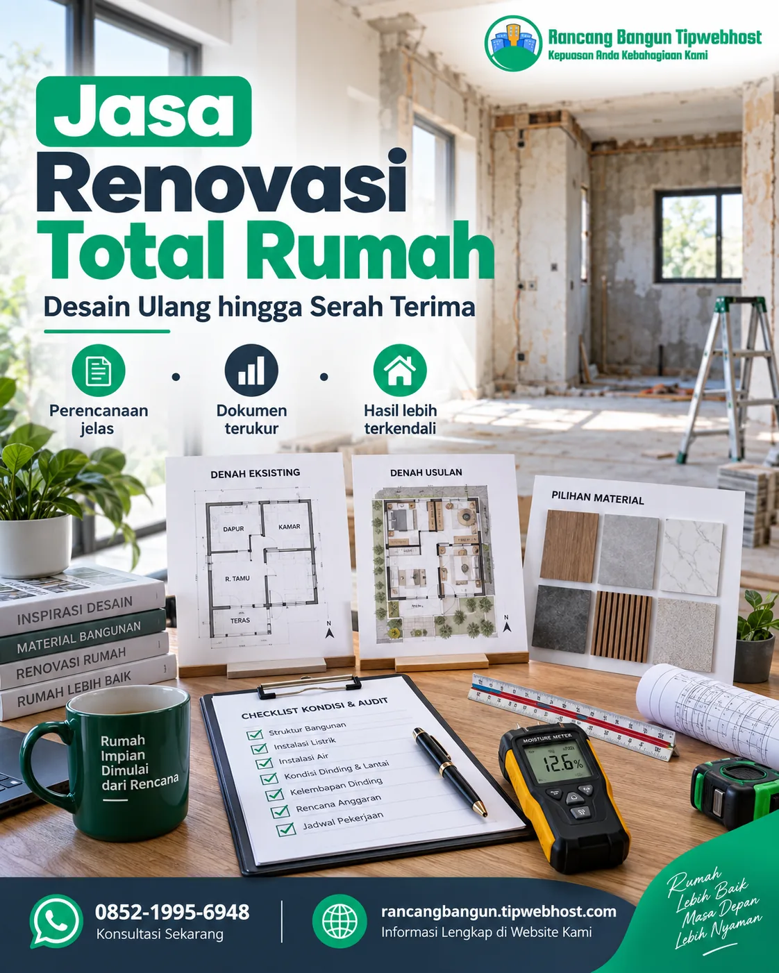 Visual jasa renovasi total rumah dengan dokumen perencanaan, gambar kerja, dan elemen proyek Rancang Bangun Tipwebhost