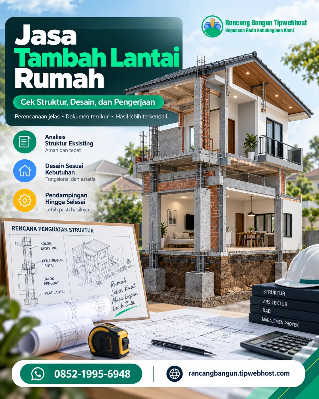 Visual jasa tambah lantai rumah dengan dokumen perencanaan, gambar kerja, dan elemen proyek Rancang Bangun Tipwebhost