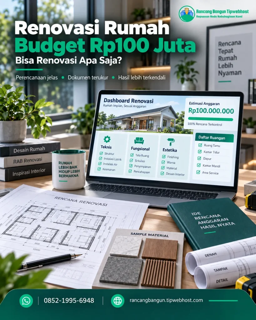 Visual renovasi rumah budget rp50 juta dengan dokumen perencanaan, gambar kerja, dan elemen proyek Rancang Bangun Tipwebhost