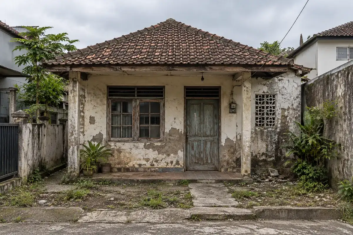 Rumah lama satu lantai dengan kondisi fasad yang sudah menua sebelum renovasi